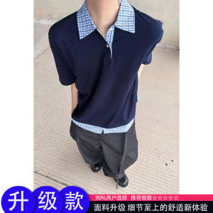 Áo Thun Polo Kẻ Caro Màu Xanh Lam Giả Hai Mảnh Tay Ngắn Mùa Hè Cho Nam Áo Thun Tay Lửng Cổ Polo Thời Trang Thanh Lịch