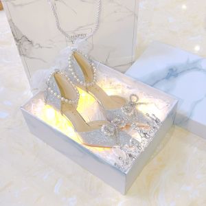 Elegant Crystal High Heels Womens Shoe Two-Way Wear Wedding Shoes Pointed Toe Thin Heel Butterfly Knot Single Shoe Fashionable