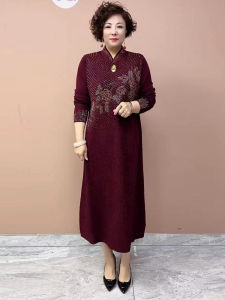 Autumn Winter Wool Knitted Qipao Dress Versatile Warm Slimming Midi Length Suitable for Coat Large Size Womens Dress