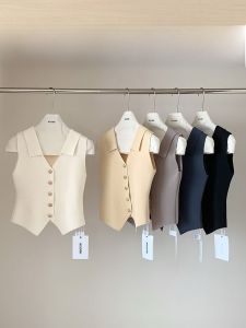Summer New Style Womens Knitted Vest Sleeveless V-Neck Slim Fit Base Layer Turn-down Collar Top Fashionable Commute Pure Desire