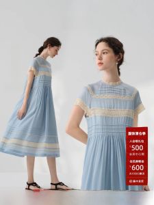 ชุดเดรสยาวปานกลางแขนสั้นผ้าไหมคอตตอนผสมลูกไม้สไตล์ฝรั่งเศส EIN Elegant Summer Dress ชุดเดรสยาวปานกลางสำหรับผู้หญิง