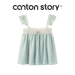 Cantonstory | Áo Nữ Mùa Hè Rộng Rãi Tay Voan Ren Xanh Lyrca