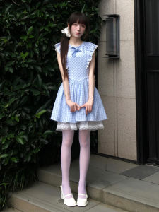 Y6Y | ชุดเดรสสั้นลายสก็อตแขนกุดสไตล์ฝรั่งเศส ชุดเดรสสั้นทรงเอผ้าลูกไม้สีฟ้าสำหรับผู้หญิงในช่วงฤดูร้อน