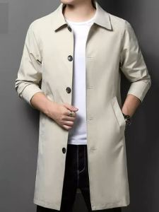 เสื้อโค้ทกันลมผู้ชายสีเบจเสื้อแจ็คเก็ตกันลมวัยกลางคนมีปกแบบยาวปานกลางชุดผู้ชายเสื้อโค้ทฤดูใบไม้ผลิและฤดูใบไม้ร่วงลำลองแนวธุรกิจ