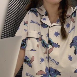 Summer Pure Cotton Short Sleeve Sleepwear Set for Women Cute Cartoon Print Home Clothes Short Pants Outwear Comfortable Nightgown