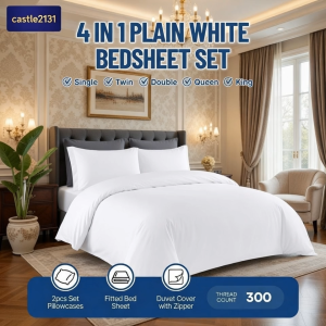 White Bedding Set 4-in-1 Fitted Sheet Zipper Duvet Cover 2 Pillowcases Soft Hotel Quality Bedsheet for Bedroom Home Mattress Cover All Sizes Durable Breathable Fabric Easy Care