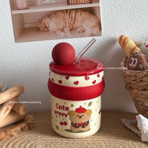 Cute Pet Decorated Gift Ceramic Mug Cup with Lid and Straw