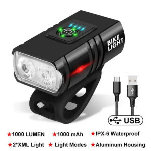 Bicycle Light 2T6 LED Front USB Rechargeable Mountain Bicycle Lamp 1000LM Bike Headlight Flashlight Cycling Accessories Tail