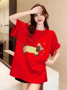 SUSHOUWANGE | Red Cartoon Dog Print T Shirt Cotton Loose