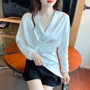 AMMIN Áo Sơ Mi Trắng Thiết Kế Cho Nữ Mới Áo Voan Dài Tay Dáng Rộng Không Đều Cổ Chữ V Dáng Rộng Phong Cách Hàn Quốc