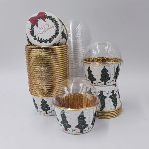 Christmas Patterned Cake Cup 50Pcs Disposable Cupcake Cups with Lids Disposable Muffin Cups with Lids Heat Resistant Glossy C