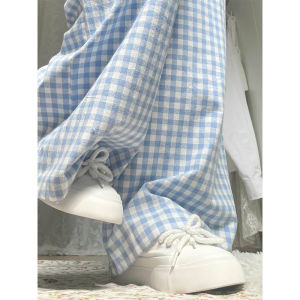 Japanese and Korean White Edge Contrast Color Elastic Waist Cotton Lattice Loose Pants Female Summer Idle Style Straight-leg Mop Draped Casual Pants