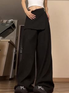 American Style High Waist Design Sense Irregular Splicing Casual Pants for Women Floor Length Straight Cut Summer Autumn