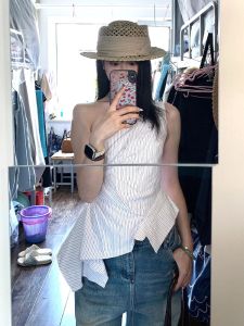 XIAOQIAOJIA | Unique Design Irregular Striped Asymmetrical Shoulder Sleeveless Womens Tank Top Beautiful Waist-Cinching Small Fashionable Top