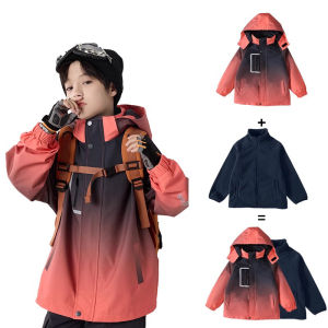 Childrens Three-in-One Fleece Jacket Windproof Waterproof Autumn Winter Blue Gradient down Coat Outerwear for Boys