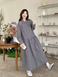 Slimming Long Polo Collar Plaid Dress Womens Loose Fit Autumn Spring A-Line Skirt Style Korean Fashion Casual Dress