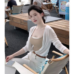 French Knitted Ice Silk Sun Protection Cardigan Womens Summer Thin Strap Dresses Outer Shirt Shoulder Shawl Top Commute Style