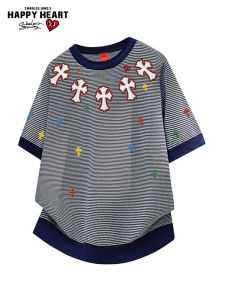CHARLES JANGS HAPPY HEART | Heart Cross Pattern Color Block Loose Casual T-Shirt