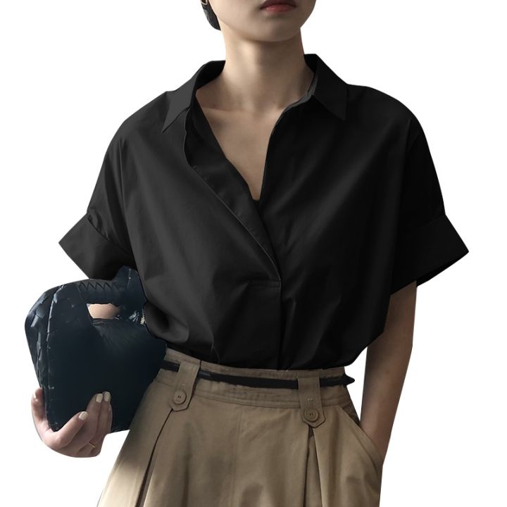 Korean Style Summer Loose plain Shirt Women Casual Bat Sleeve white Black  Khaki Blouse Top for female
