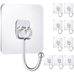 Large Clear Adhesive Hooks for Hanging Stick-On Wall Mount Hooks Stainless Steel Metal Hook for Bathroom Shower Kitchen Door