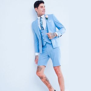 Luxury Sky Blue 3-Piece Summer Mens Suits Slim Fit Single Breasted Blazer Vest And Short Pants Set for Prom Party Men Clothes
