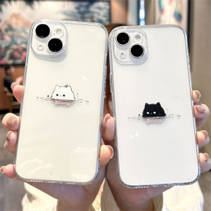 Black White Cat Silicone Phone Case for iPhone 15 14 pro Max 13 Mini Couple 12 Simple 11 Cute 17/XR Cartoon 16 Transparent 8 plus 7 Anti-Fall 6 Protective Cover