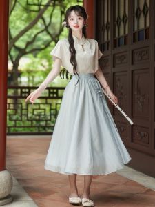 Chinese Style Buckle Jacquard Suit New Chinese Style Artsy Short Sleeve Stand Collar Shirt Summer New Arrival Improved High Waist Skirt