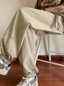 กางเกงกีฬาผ้าไหมน้ำแข็งบางฤดูร้อนสำหรับผู้ชาย กางเกงขายาวทรงหลวม ทรงสปอร์ต ทรงวินเทจ สไตล์อเมริกัน ลำลอง ใส่สบาย