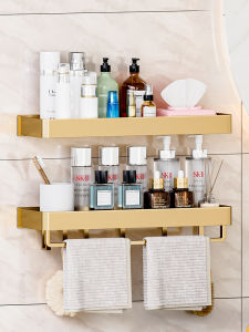 Gold Bathroom Wall Mounted Storage Rack Toilet Washstand Organizer Shelf No Drilling Required Space Saving Kitchen Accessories
