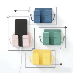 Adhesive Wall Mount Phone Holder with Hooks Storage Box ForMobile Phone Remote Control Storage Box for Bedroom Kitchen Tools