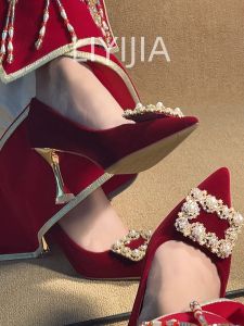 Red Wedding Shoes for Women 2025 New Style Two-Way Wear Fine Heel Comfortable High Heels for Engagement Winter Wedding Dresses