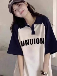 Youth Raglan Polo Collar Short Sleeve T-shirt Female Summer Loose Junior High School Student High School College Style Half-Sleeve T-shirt Top