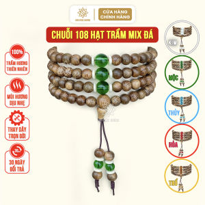 Vòng tay chuỗi 108 hạt trầm hương mix đá màu mệnh kim mộc thủy hỏa thổ Sơn Mộc Hương đeo tay nam nữ mang ý nghĩa phong thủy may mắn tài lộc