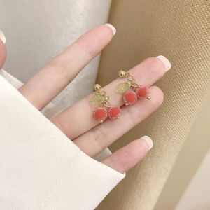 Cute Small Red Cherry Earrings Womens Fashion Jewelry Creative Gift Box Decorative Gold Color Cherry Design Earrings