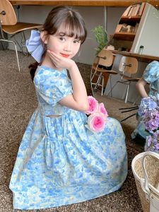 Girl Floral Dress Summer Western Style Childrens Fairy Style Princess Dress Little Girl Puff Sleeves Backless Dress