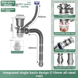 Single Bowl Double Overflow Stainless Steel Kitchen Sink Drain Set