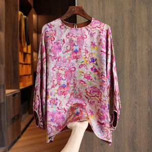 Retro Print High-End New Chinese Style Shirt Womens Loose Slimming Design Summer Top Elegant Hollow out Long Sleeve round Neck