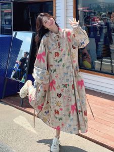 Loose Casual Womens Dress Graffiti Print A-Line Skirt Long Sleeve Commute Style Korean Fashion Autumn New Lazy Style Shirt Dress