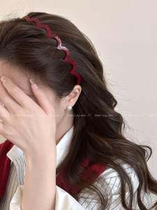 สีแดง เรียบง่าย ที่คาดผมคลื่นขนาดใหญ่ ผู้หญิง ที่คาดผมล้างหน้าแบบอัดแน่นเครื่องประดับผม สไตล์เกาหลี ที่คาดผม