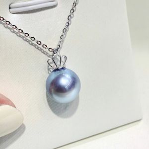 Montagne Jewelry 18k Pure White Gold Pendant Crown Design Fine Jewellery Natural 8-9mm Gray Akoya Pearl Pendant Necklace