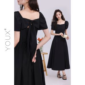 YOUXIANG | Đầm Đen Dáng A Cao Cổ Phong Cách Hepburn