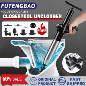 Toilet Pump Plunger Clogged Remover Toilet Bowl Plunger Pump High Pressure Air Drainage Pipe Clogged Remover Sink Drain Cleaner Tools with 4 Replaceable Heads Visual Barometer Stainless Steel for Bath Toilets Shower Bathroom Bathtub Kitchen