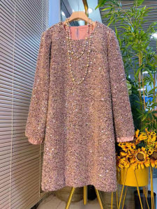 XL plus Size Womens Clothes Elegant European Station Fashion Mid-Length Slim Looking Fat Sister Heavy Embroidery Sequins Long Sleeves Dress