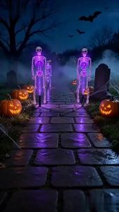 2 Cái/bộ Đèn Sân Vườn Năng Lượng Mặt Trời Halloween Chống Nước 3D Kinh Dị Dơi & Bộ Xương Màu Tím Đèn LED Cam Cắm Đèn Cho Trang Trí Tiệc Tại Nhà