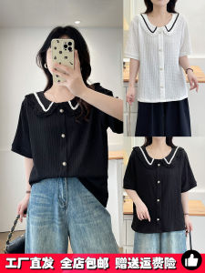 เสื้อเชิ้ตแขนสั้นผู้หญิงไซส์ใหญ่ คอตุ๊กตา เสื้อเชิ้ตสไตล์ฝรั่งเศส ทรงหลวม สไตล์เกาหลี ผ้าโพลีเอสเตอร์ ปกติ
