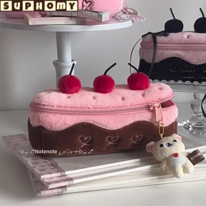 pencil case pen box stationery organizer Multifunctional portable pen case cosmetic bag  KOTAK PENSEL 笔袋  Large capacity student plush cartoon cute cherrry cake design
