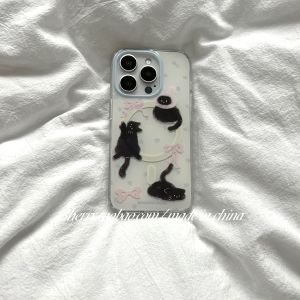 Adorable Little Black Cat Magnetic Card Holder Stand for  17Promax 16Pro 15 14 Simplistic 13  And Gentle