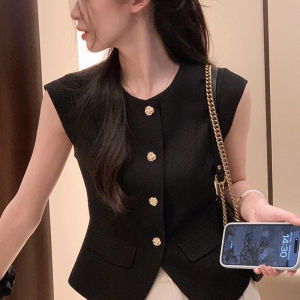 Black Vest Top Womens Fashion Summer New Style Sleeveless V-Neck Suit Jacket Short Length Single Button Closure Commute Style