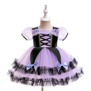 Halloween New Arrival: Black & Purple Tulle Skirt Kids Cartoon Clow M Short Sleeve Dress Lolita Princess Dress