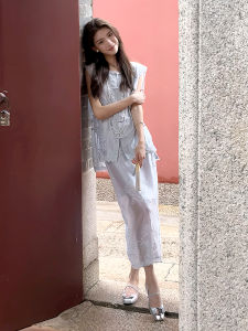 Blue Button-Up Casual Womens Two-Piece Set Summer Fashion Ensemble Elegant National Style New Chinese Aesthetic